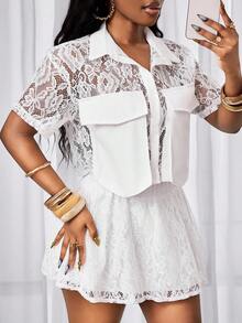 BamGleam Camisa casual, elegante y sexy para mujer con cuello de encaje jacquard, parches, manga corta, bajo asimétrico y transparente, ideal para vacaciones y playa en primavera/verano - Blanco - Ver 6