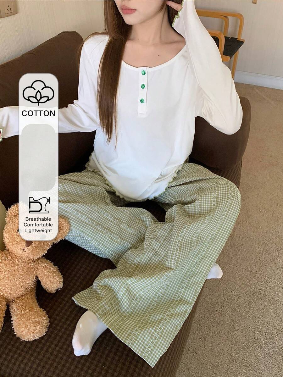 DAZY 绿色清新亨利领上衣和格子睡裤女士睡衣套装 - 綠色 - 查看 1