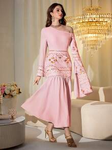 Modelyn Bata de estilo árabe de Oriente Medio con bordado de lentejuelas y patchwork, bata larga tradicional - Rosa - Ver 5