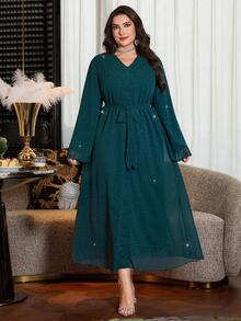 Al Najma Plus Size Women's Elegant Long Chiffon Dress With Rhinestone Embellishment, Loose Fit, Suitable For Spring And Autumn - Green - View 5
