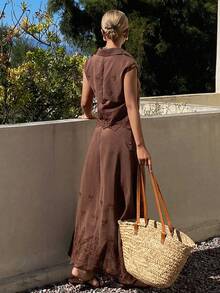 DAZY Women's Collared Hollow-Out Sleeveless Top & Skirt 2 Pieces Set, Vacation Outfit - Coffee Brown - View 2