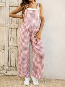 SHEIN Pregnant Women's Plaid Pocket Casual Versatile Daily Wear Bib Overall Wide Leg Pants - Mauve Purple - View 6