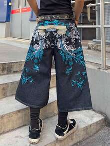 ROMWE MEN Men's Casual Fashion Street Letter Embroidery Pattern Denim Shorts, Summer - Black - View 2