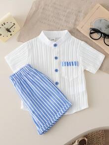 SHEIN 2件套宝宝第一个母亲节套装 - 白色条纹短袖衬衫（带领子和口袋），搭配卡其色宽松短裤 - 彩色 - 查看 4
