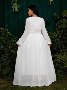Roveilla Vestido de manga larga con cintura ceñida y falda acampanada, con cuello y ribete floral, talla grande, para boda, fiesta y ocasiones especiales - Blanco - Ver 2