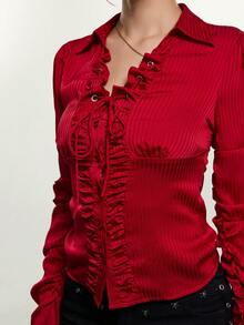 Rina Fox Women's Solid Color Frill Trim Single-Breasted Pleated Casual Everyday Long Sleeve Top - Burgundy - View 5