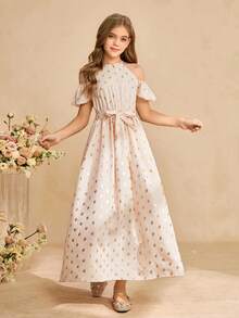 Vestido elegante y lujoso de color rosa con diseño de hombros descubiertos, cintura ceñida y ajuste cómodo para niñas preadolescentes - Rosa - Ver 3