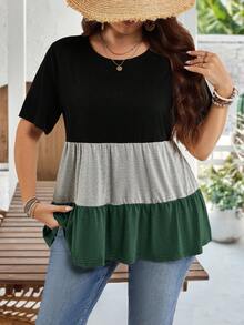 EMERY ROSE Plus Size Women's Black Colorblock Round Neck Short Sleeve Ruffle Hem Casual Tunic Tops,Summer Boho Vacation Blouses For Spring Mother's Day - Fresh Green - View 4