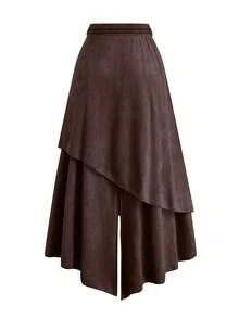 Sweetra Plus Size Vintage Suede Skirt, Elastic Waist Asymmetrical Hem A-Line Skirt, Spring/Autumn - Rust Brown - View 2