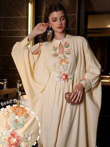 Al Najma Elegant Beaded & Rhinestone Embellished Fitted Batwing Sleeve Dress, Spring/Summer - Apricot - View 2