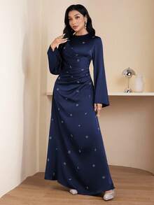 Veilorie Vestido minimalista de unicolor con decoración de diamante de imitación para uso diario de mujer - Azul Marino - Ver 3