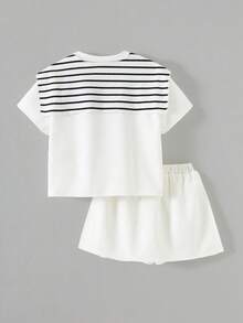 SHEIN Little Byeori 女童休闲时尚圆领短袖上衣搭配二合一短裤 - 白色 - 查看 3