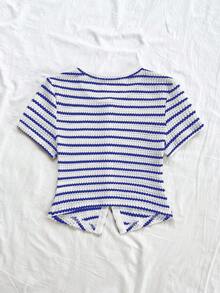 Soleia 女士度假杏色和白色纹理针织圆领开衫，饰有精致蝴蝶结和金属纽扣，修身下摆开衩，适合度假、约会、下午茶、海滩、邮轮、城市旅行、音乐节、波西米亚风度假等场合。 - 藍白色 - 查看 2