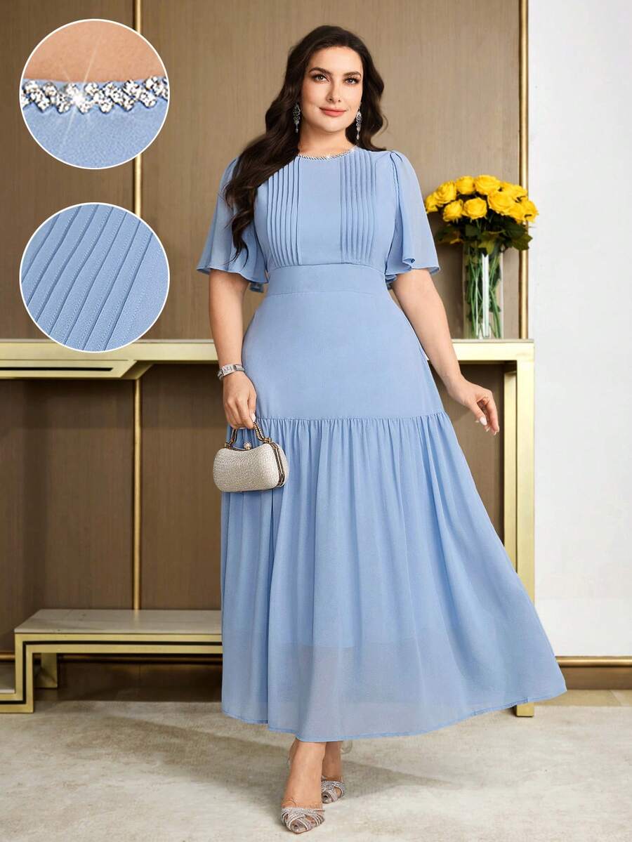 Modelyn Vestido elegante de manga corta con volantes y decoración de strass para tallas grandes - Azul - Ver 1