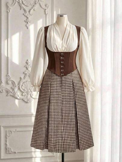 SHEIN MOD Falda midi acampanada con cinturón y estampado de pata de gallo, estilo universitario, ropa occidental para mujer, estilo de los 2000, ropa de vuelta al colegio, atuendos de maestra, ropa casual de negocios, ropa escolar, ropa de vuelta al colegio, maestra, vintage, atuendos para salir, ropa de otoño para mujer