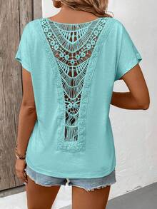 Breezaya Camiseta casual de mujer para vacaciones, de unicolor, cuello redondo, manga corta, con encaje de contraste - Azul Cadete - Ver 4