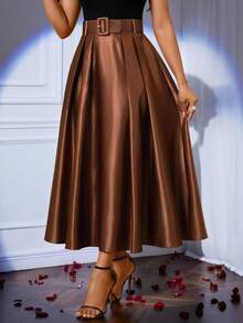 SHEIN Lady Petite Chân váy xếp ly chữ A màu trơn thanh lịch dành cho nữ, thích hợp cho các bữa tiệc. - màu nâu - Xem 3