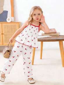 Elladie kids 新款女童4-7岁春夏数码印花樱桃图案无袖上衣和配套长裤两件套，适合休闲、度假、时尚穿着、上学、旅行、户外活动 - 紅白色 - 查看 9