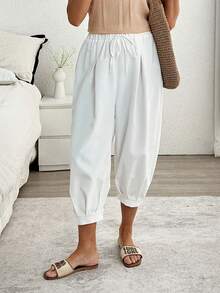 Louniche Calça Casual Solta Feminina, Design de Cintura Elástica e Amarração no Tornozelo, Estilo Relaxado e Versátil de Cor Sólida, Adequada para Uso Diário, Transporte e Uso Doméstico no Verão - Bege - Visão 1