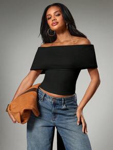 Hauture Women's Simple Daily Going Out Off Shoulder Knit With Tie Back Brushed Jersey Top - Black - View 2