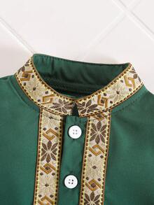 SHEIN Toddler Boys' Middle Eastern Style Traditional Embroidered Long Sleeve Top And Pants Set - Dark Green - View 4