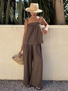 DAZY Women's Summer Casual Camisole Top And Loose Wide Leg Pants 2 Pieces Set Lounge Sets For Women - Brown - View 1