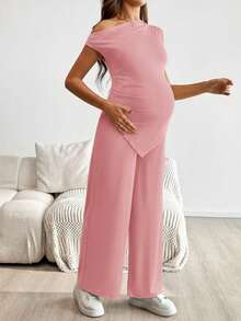 SHEIN Bộ đồ bầu màu trơn, vai lệch, gấu lệch, dáng ôm, phong cách thường ngày mùa hè, 2 món. - Màu Hồng baby - Xem 7
