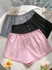 SHEIN EZwear 3件套女士针织休闲短裤套装，黑/灰/粉，夏季舒适短裤套装，柔软舒适棉质短裤，女士休闲短裤，家居服短裤，女士平角内裤，3件套女士短裤，夏季女士休闲短裤 - 彩色 - 查看 4