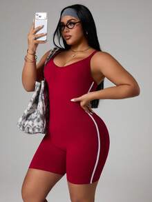 SHEIN Sports 大码女式露背交叉设计连体衣 - 玫紅色 - 查看 7