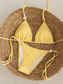Swim Mod Bộ bikini hai mảnh màu vàng đính hạt dành cho nữ, kiểu dáng tam giác, thích hợp cho bãi biển, khu nghỉ dưỡng, phong cách thường ngày, ngọt ngào, mùa xuân/hè. - Vàng nhạt - Xem 2