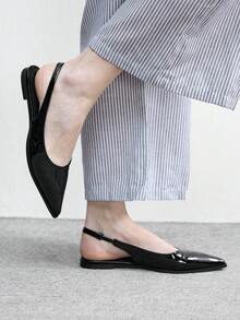 CUCCOO BIZCHIC 女士平底尖头黑色简约后跟带袢带凉鞋，日常百搭轻便舒适，适合通勤、上班等各种场合。 - 黑色漆皮 - 查看 5