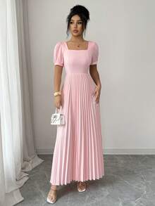 Elenzga Women's Elegant Solid Color Square Neck Pleated Dress - Pink - View 4