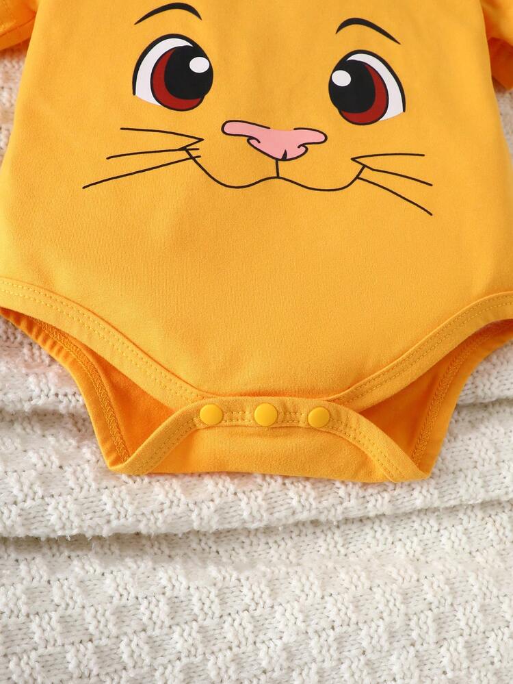 2 piezas Conjunto de bebé recién nacido de manga corta | Pelele + pantalones cortos con triángulos amarillo-marrón, diseño de estampado de león, lindo y suave, adecuado para primavera/otoño, fiestas, salidas, sesiones de fotos - Multicolor - Añade 4