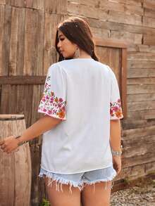 Ceyna Blouse à col V à manches courtes, style bohème, imprimé multicolore en faux lin, pour femmes, printemps/été - Multicolore - Voir 2
