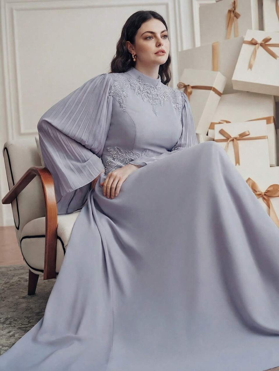 Elegant Lightweight Grey Stand Collar Applique Sleeve Pleated Waist Flowy Long Sleeve Dress For Plus Size Women, Spring/Summer