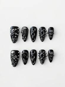 ROMWE Goth 10 Pieces Of Punk Style Rivet Manicure + 3 Pieces Of Manicure Double-Sided Tape, Y2K High-Quality Black Solid Color Handmade Manicure, Retro Metal Skull Star Element Almond-Shaped Nail, Suitable For All Seasons, Suitable For Daily, Party And Dance Occasions. - Black rivets - View 2