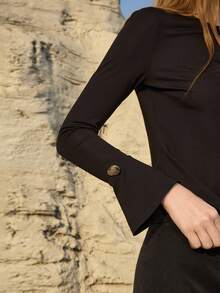 MOTF PREMIUM WOMEN'S V-NECK FLARE SLEEVE DESIGN LONG SLEEVE KNIT T-SHIRT, SPRING/SUMMER - Black - View 7