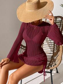Glyssa Women's Solid Color Round Neck Sheer Drawstring Long Sleeve Dress Cover-Up - Red - View 4