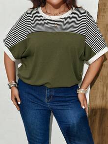 EMERY ROSE Plus Size Women'S Striped Pattern Batwing Sleeve T-Shirt For Spring - Army Green - View 1
