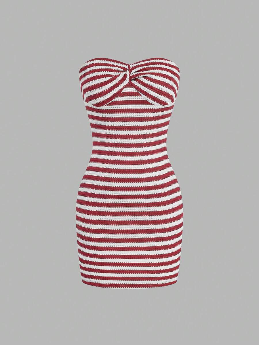 Sweetra Plus Size Women Striped Print Fitted Tube Dress - Red - View 1