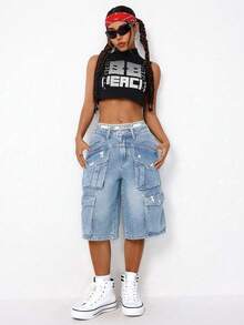 SHEIN ICON Quần short denim ống đứng dáng rộng thoải mái dành cho nữ, có túi, kiểu quần cargo mùa hè. - Rửa nhẹ - Xem 3