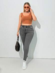 SHEIN Cottnline بنطلون جينز نحيف عالي الخصر مقاس كبير باللون الأزرق الفاتح - رمادي - مشاهدة 4