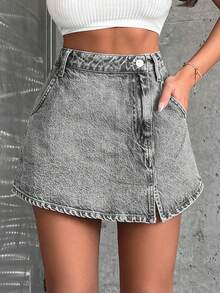 EURMUSE 100% Pure Cotton Rigid Denim Skirt With Split Design - Grey - View 3
