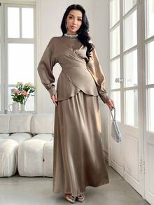 Modelyn Women's Elegant Rhinestone Decor Stand Collar Wrap Hem Cinched Waist Top And Skirt 2 Pieces Set, Spring/Autumn - Brown - View 6