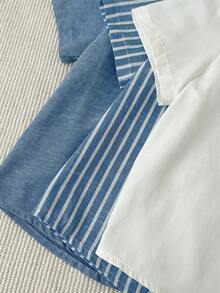 SHEIN 3pcs/Set Young Boys' Casual Striped Collar Short Sleeve Cotton Woven Shirts For Summer,Family Matching,Back-To-School,Toddler Boy Versatile Tops Set - Multicolor - View 6