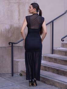 Andrea Bello Black Wrap Shawl Elegant Sheer Ruched Dress, Suitable For Romantic Dates, Parties, Formal Gatherings, Bridesmaid Dresses, Women's Summer Dress, Tea Party Dress, New Year, Valentine's Day, Birthday Mini Dress, Black Dress Black Dress Elegant - Black - View 2