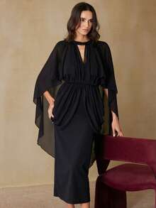 Revavyn Elegant French Style Women's Lightweight Chiffon Collar Tie Decor 2 In 1 Caped Waist Slimming Layered Ruffle Midi Dress For Dates & Parties - Black - View 3