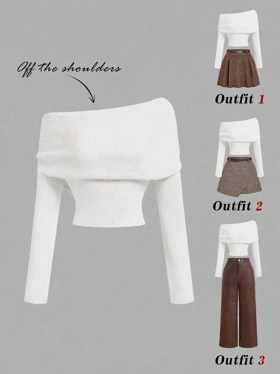 SHEIN MOD Women's Solid Color Fitted Off-Shoulder Long Sleeve Knit Top - White - View 1