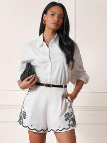 Lilora Chic Women's White Mini Shorts With Black Floral Embroidery And Zipper Closure Woven Fabric - White - View 5