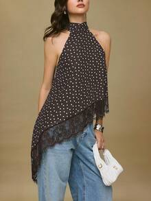 Poéselle Polyester Blend Mesh Printed Lace Trim Asymmetrical Blouse - Coffee Brown - View 5